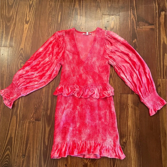 LOVESHACKFANCY Evan Tie Dye Long Sleeve Velvet Mini Dress Viscose Hot Pink - Picture 3 of 11